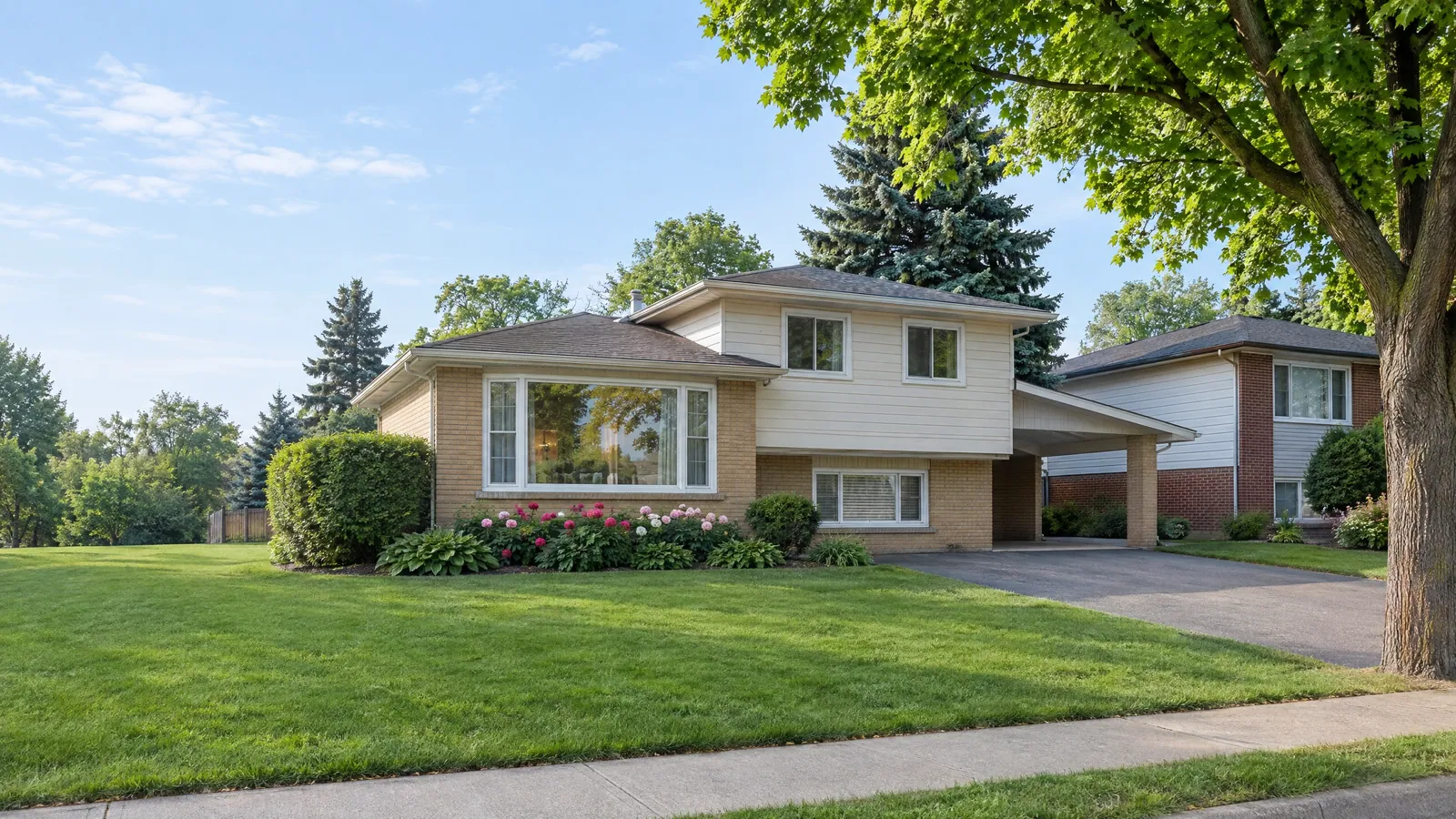 1960s split-level house with a carport and wide picture window under mature trees