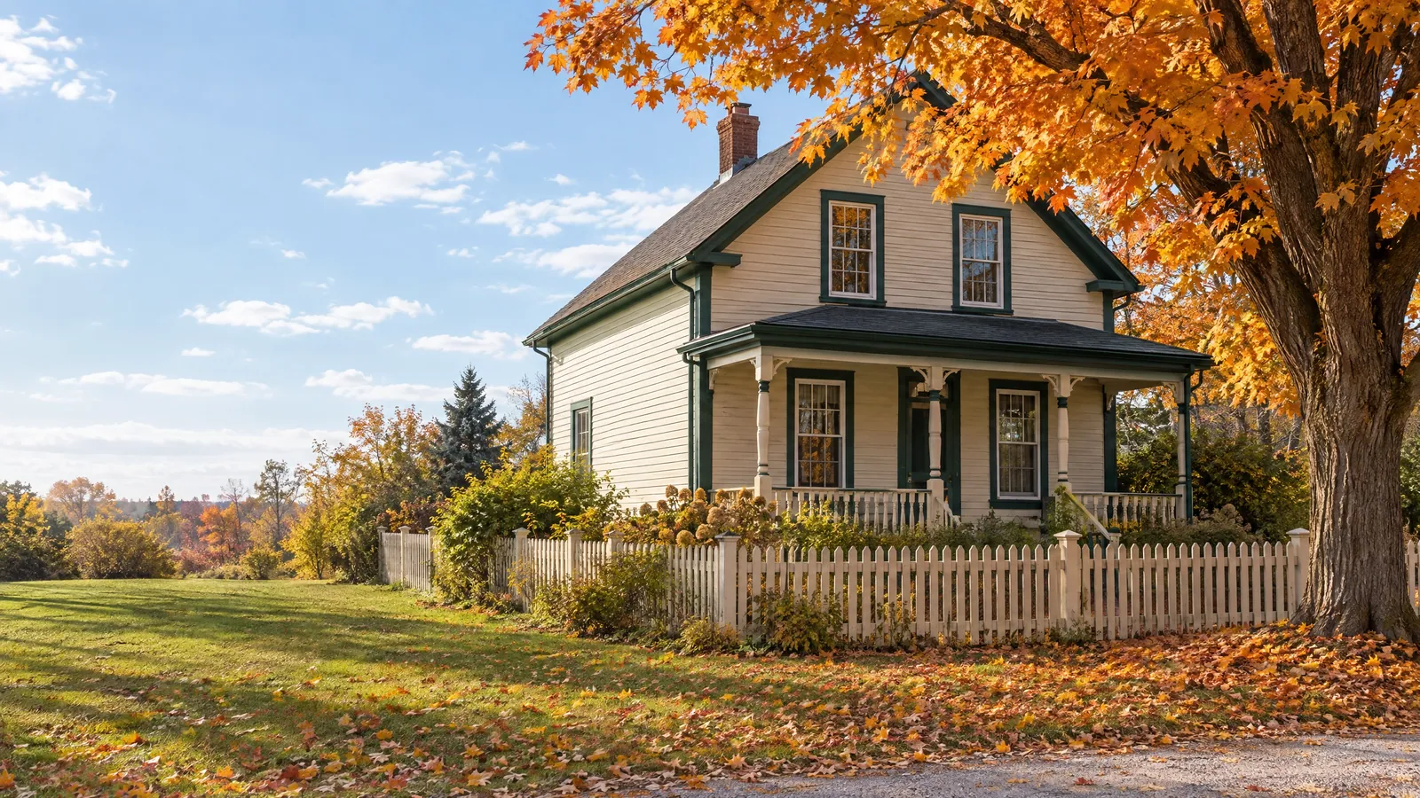 19th-century clapboard house with wood double-hung windows, wood storms and a maple in autumn colour