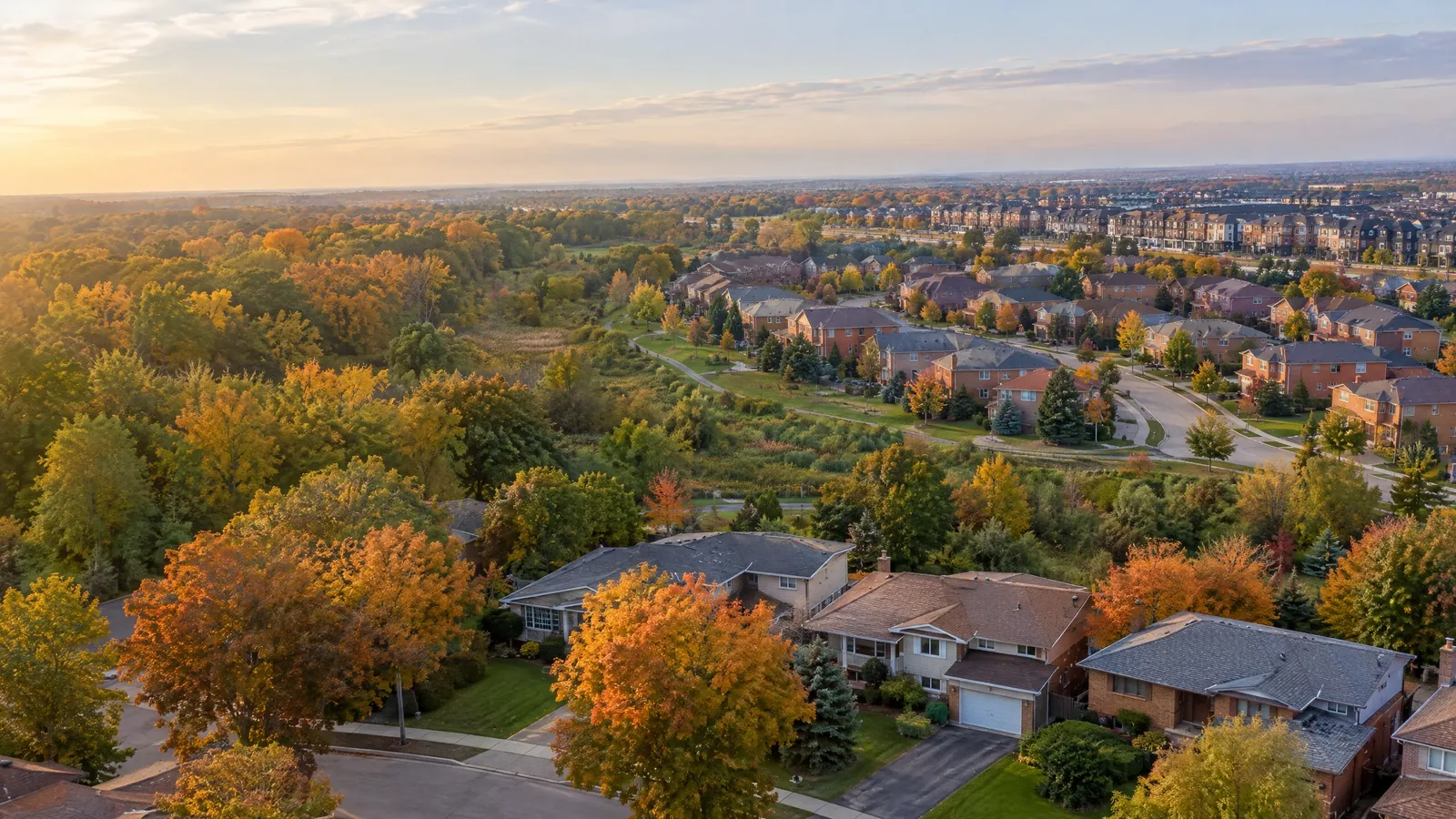 Autumn aerial view of older homes under mature trees in front, a wooded valley, and newer brick subdivisions and townhouse rows behind