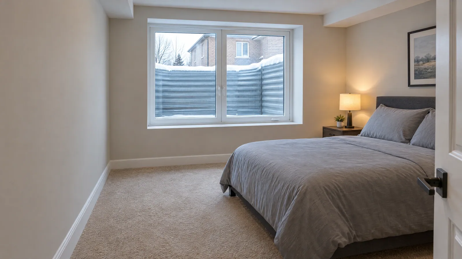 Basement bedroom with a made bed below a large, low casement window that opens onto a snow-covered window well