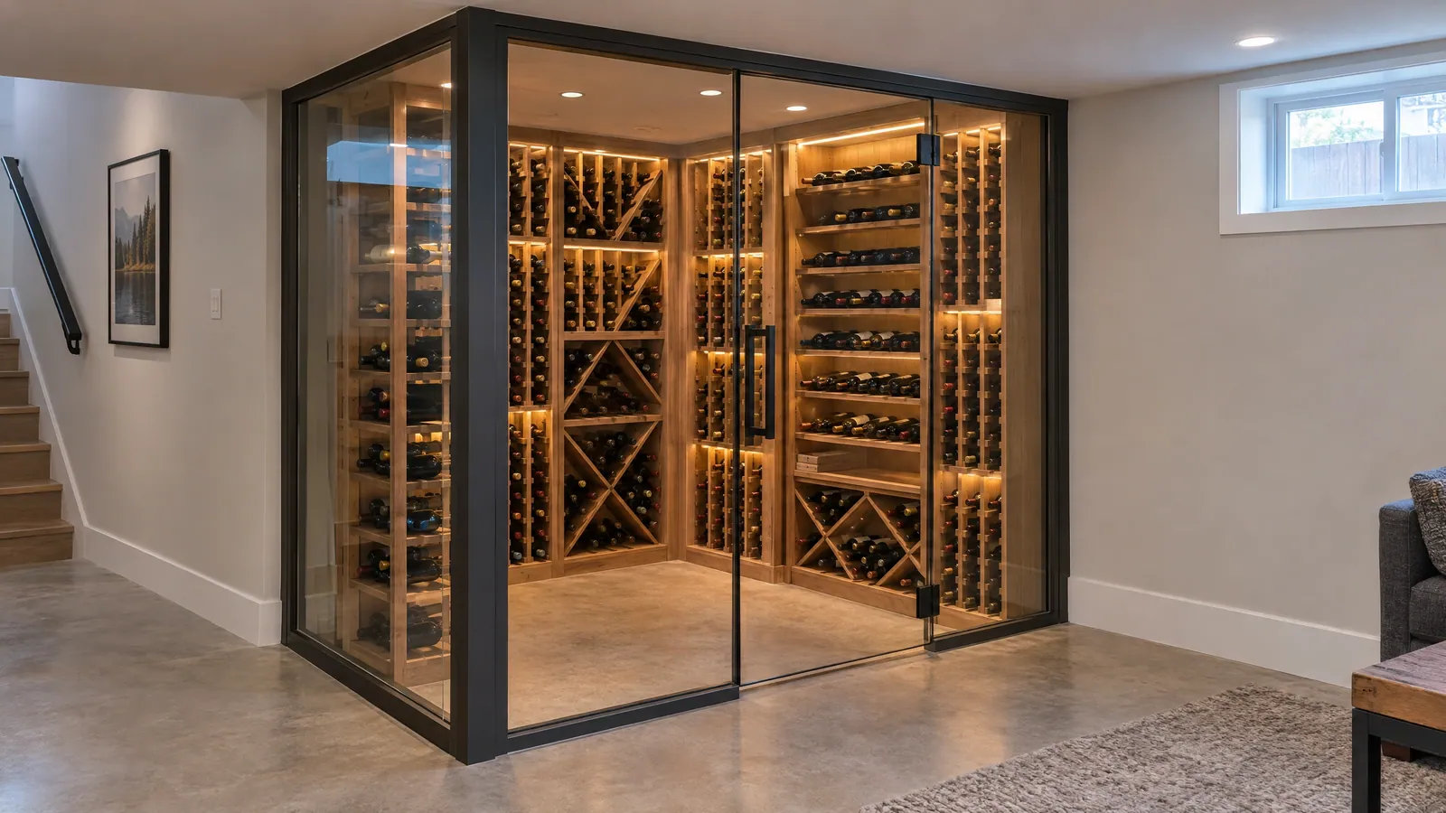 Finished basement with a corner wine room enclosed by black-framed glass walls and a double glass door