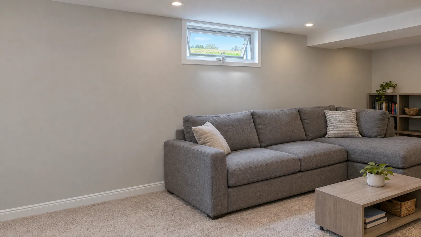 Finished basement rec room with a small awning window set high in the wall, hinged at the top and tilted open to the lawn