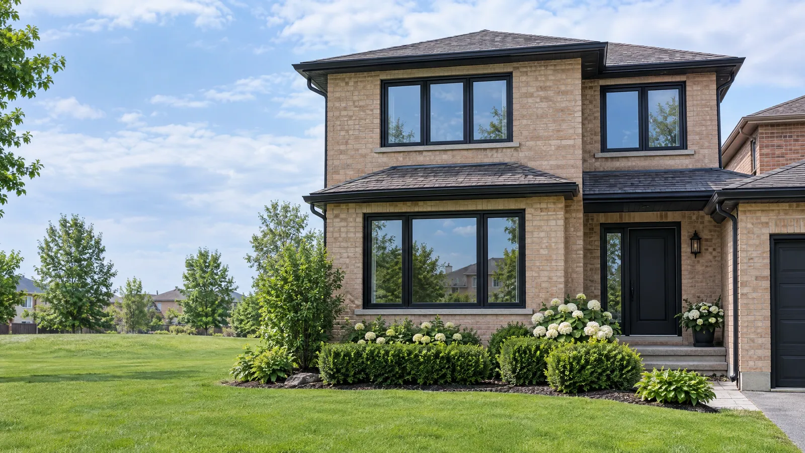 1990s brick house with new black-framed vinyl casement windows and a tidy front garden in early summer