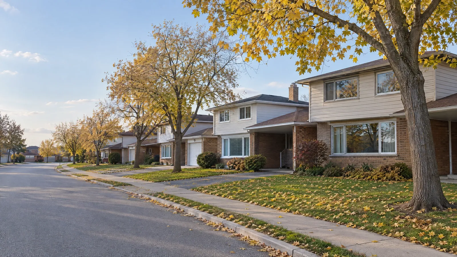 Autumn street of older two-storey and split-level homes with brick lower storeys, pale siding above, wide picture windows and mature maples dropping yellow leaves