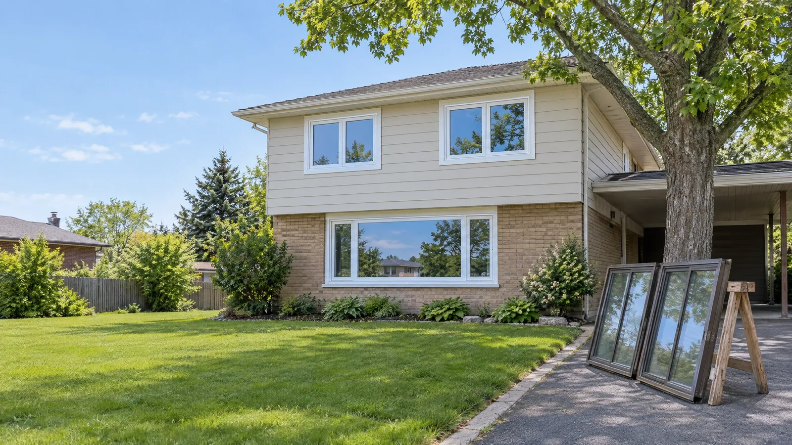 Backsplit with beige siding over buff brick and new white vinyl windows, two old dark-framed sliders leaning on a sawhorse in the driveway