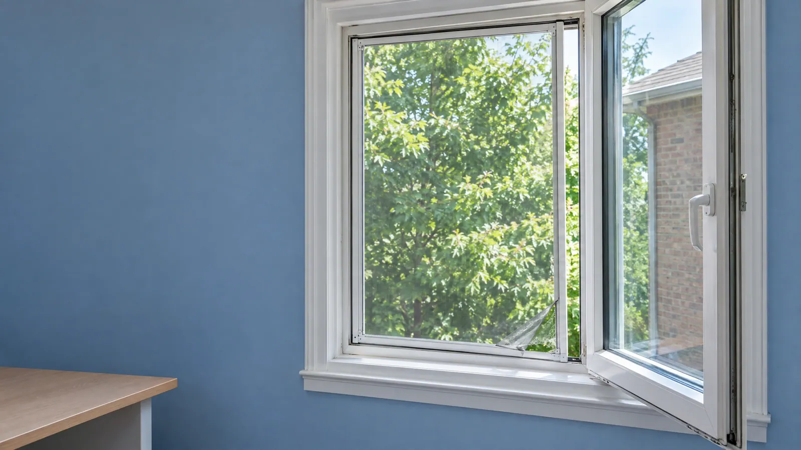 Bedroom casement window open to summer trees, its insect screen torn at the lower corner