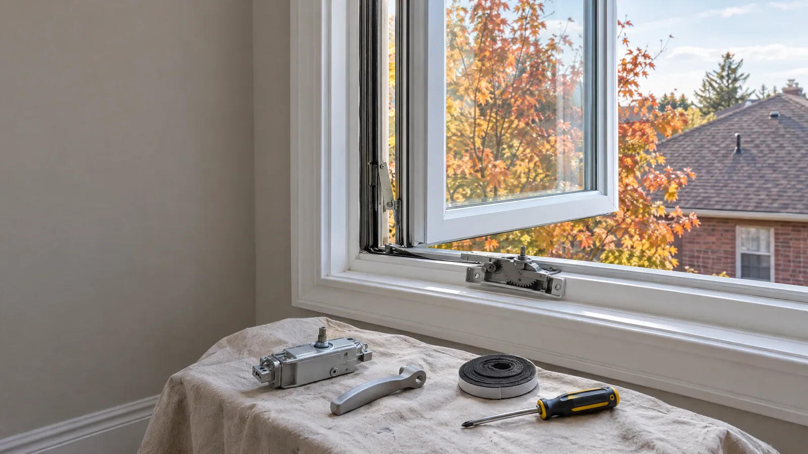 Bedroom casement window open a few inches with its operator exposed, and a new operator, handle, weatherstrip roll and screwdriver on a drop cloth