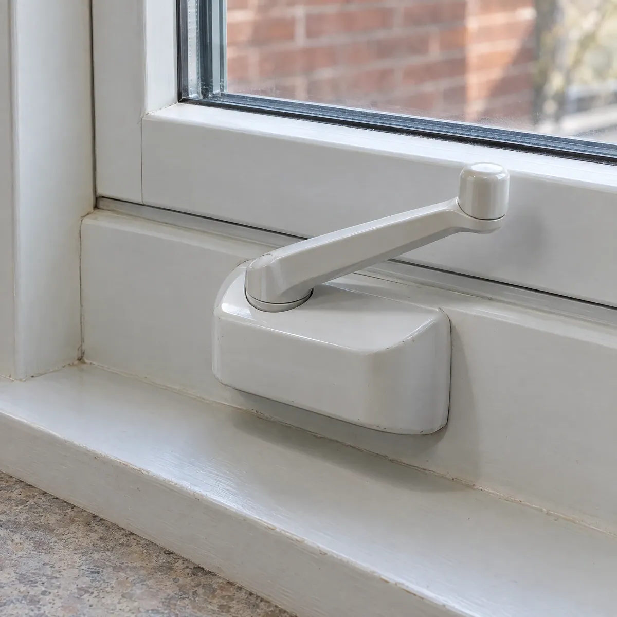 White casement window crank with a complete handle and knob on the sill