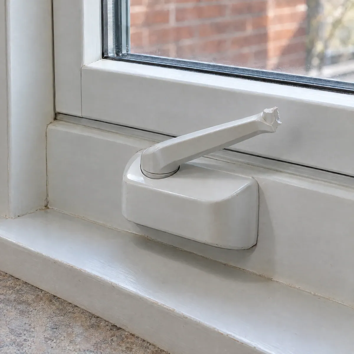 White casement window crank with its handle snapped off at the end