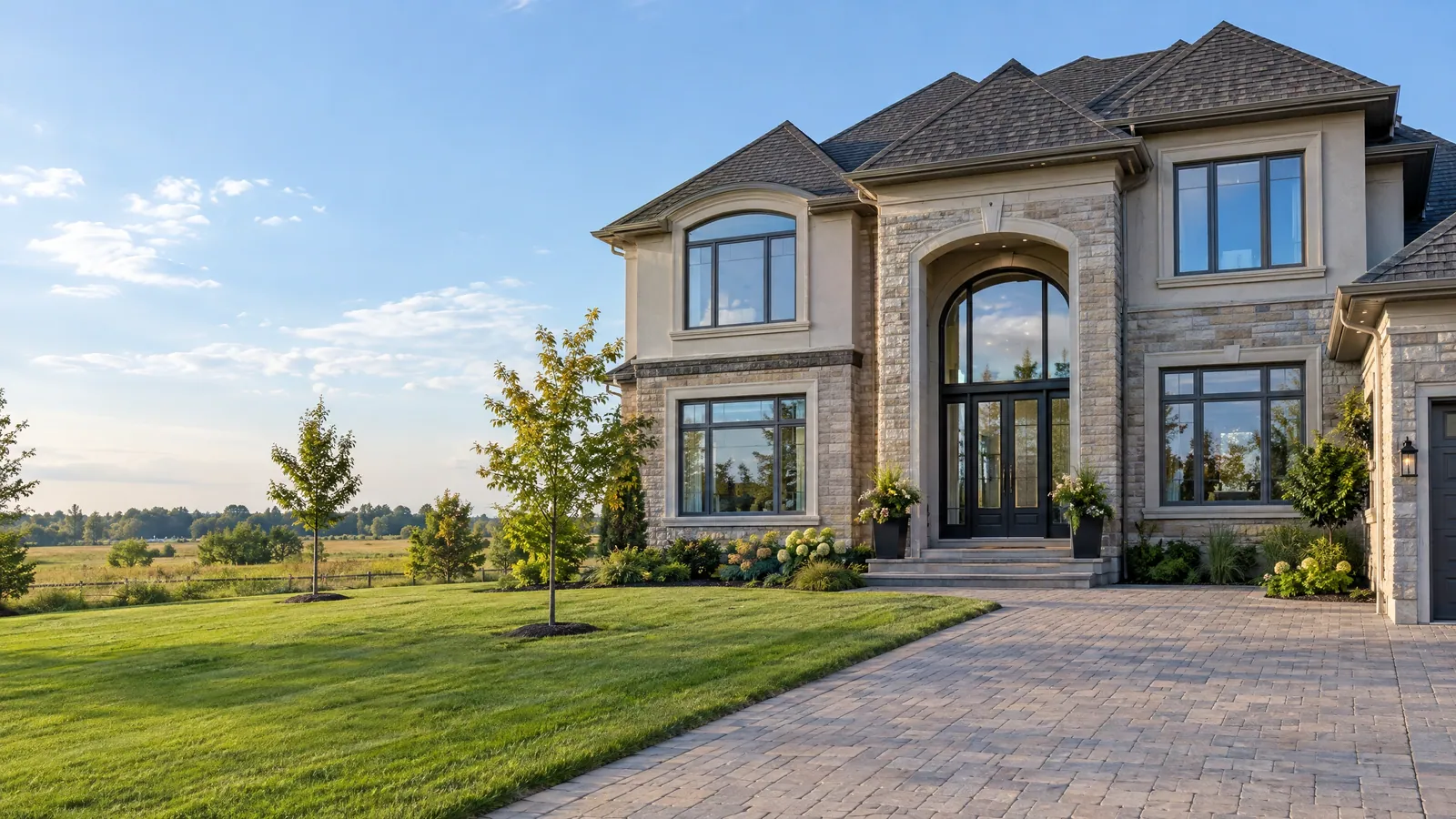 Stone and stucco house with a two-storey arched entry, glass double doors with sidelights under an arched transom, and large black-framed windows