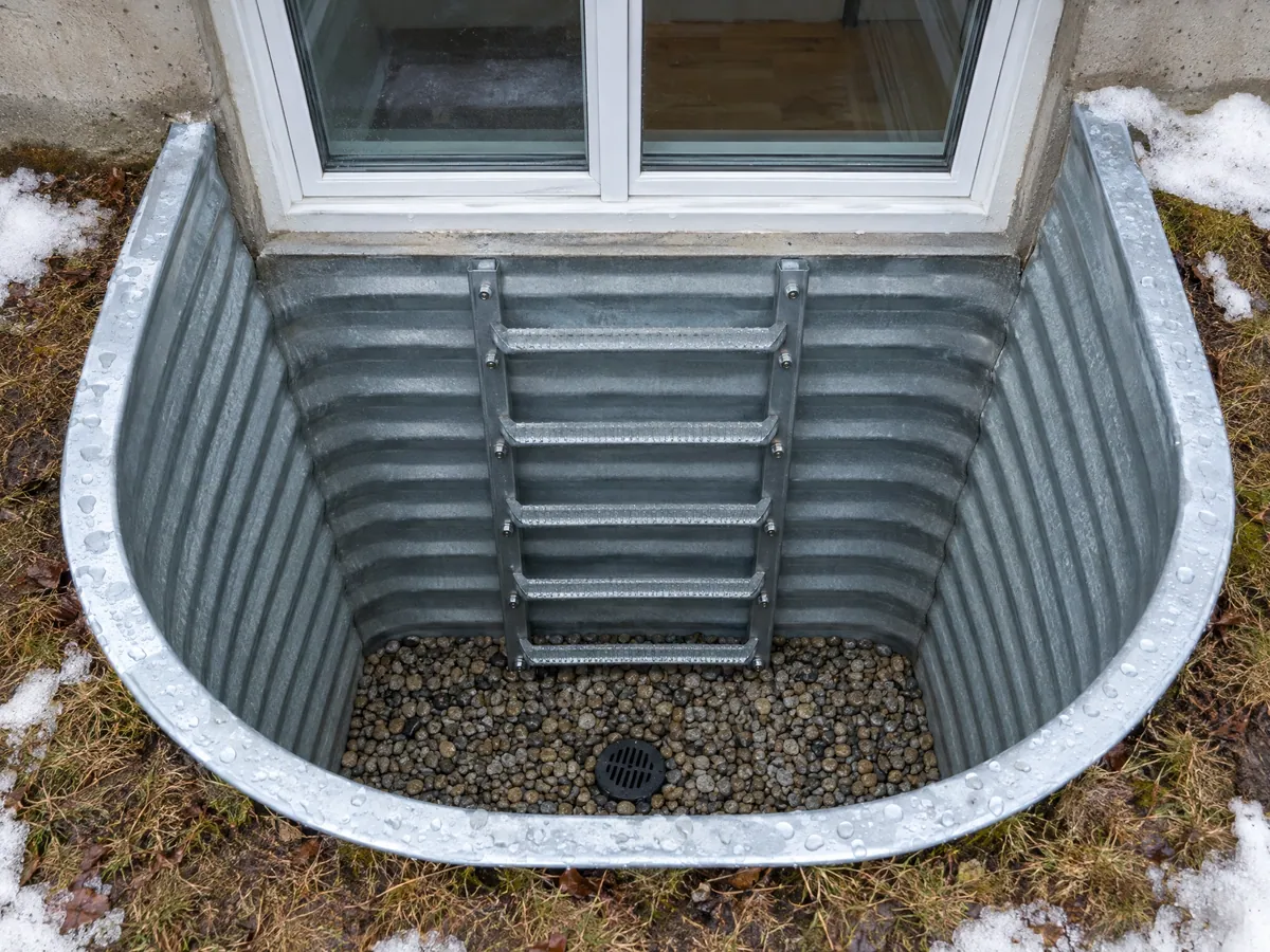 Looking down into a deep steel window well with ladder rungs on its side, a gravel base and melting snow around the rim
