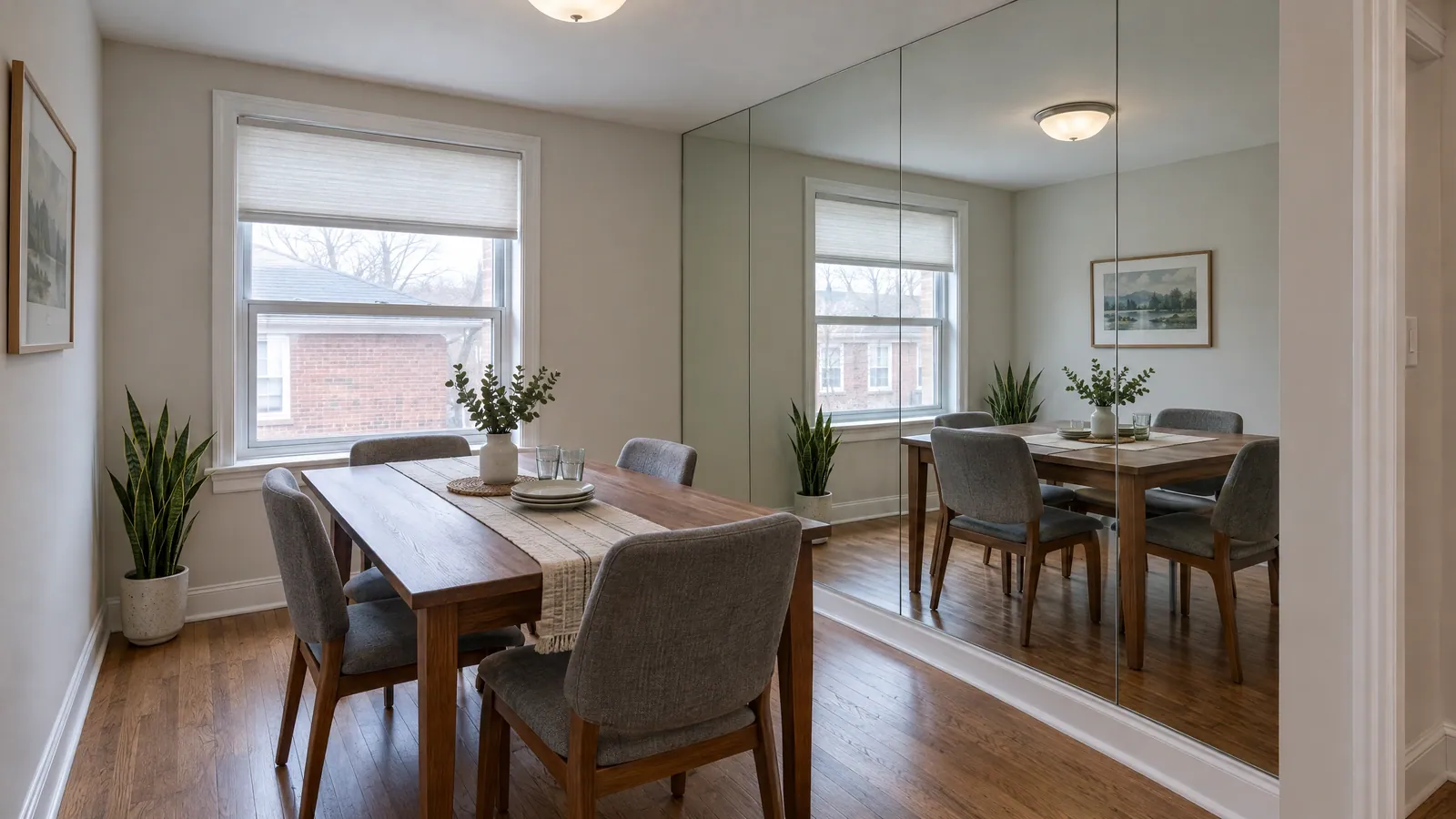 Dining room with a floor-to-ceiling wall of frameless mirror panels meeting at tight seams, reflecting the table and window