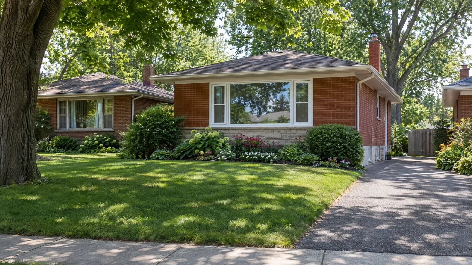Red brick bungalows with wide picture windows under mature trees in summer