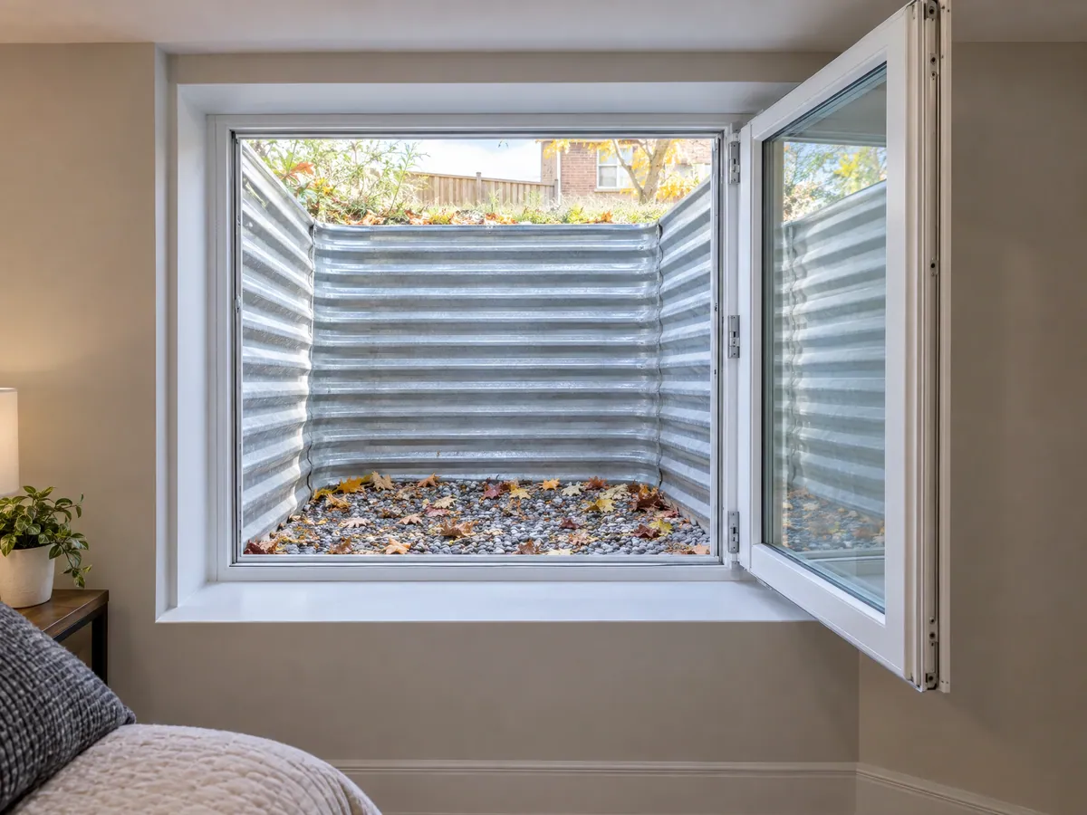 Basement casement window cranked fully open, leaving a clear opening out to a steel window well