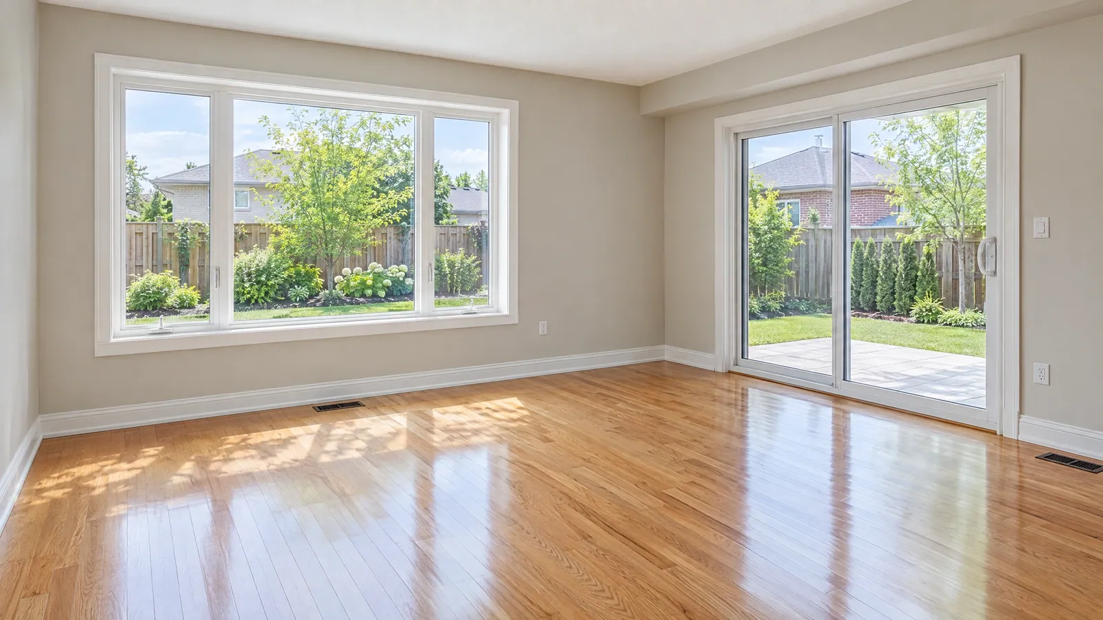 Empty room with a hardwood floor, a large white window and a sliding patio door opening onto a backyard patio