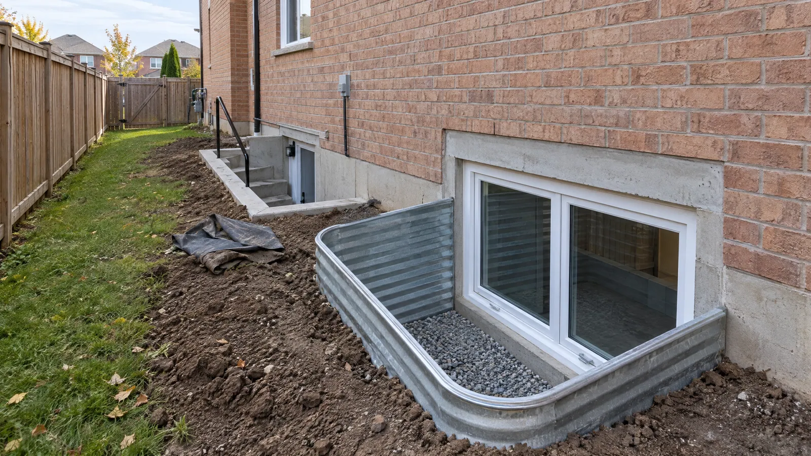 Side yard with a new, larger basement window set in a freshly cut foundation opening, with a deep steel window well in front