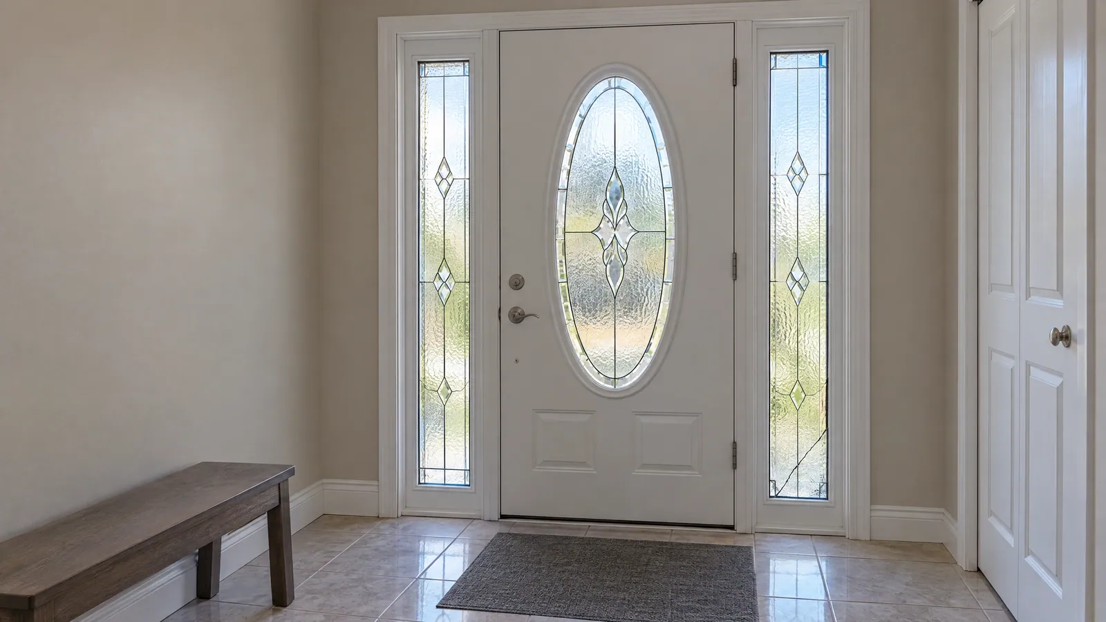 White front door with an oval textured-glass insert between leaded sidelights, the right sidelight cracked from the bottom