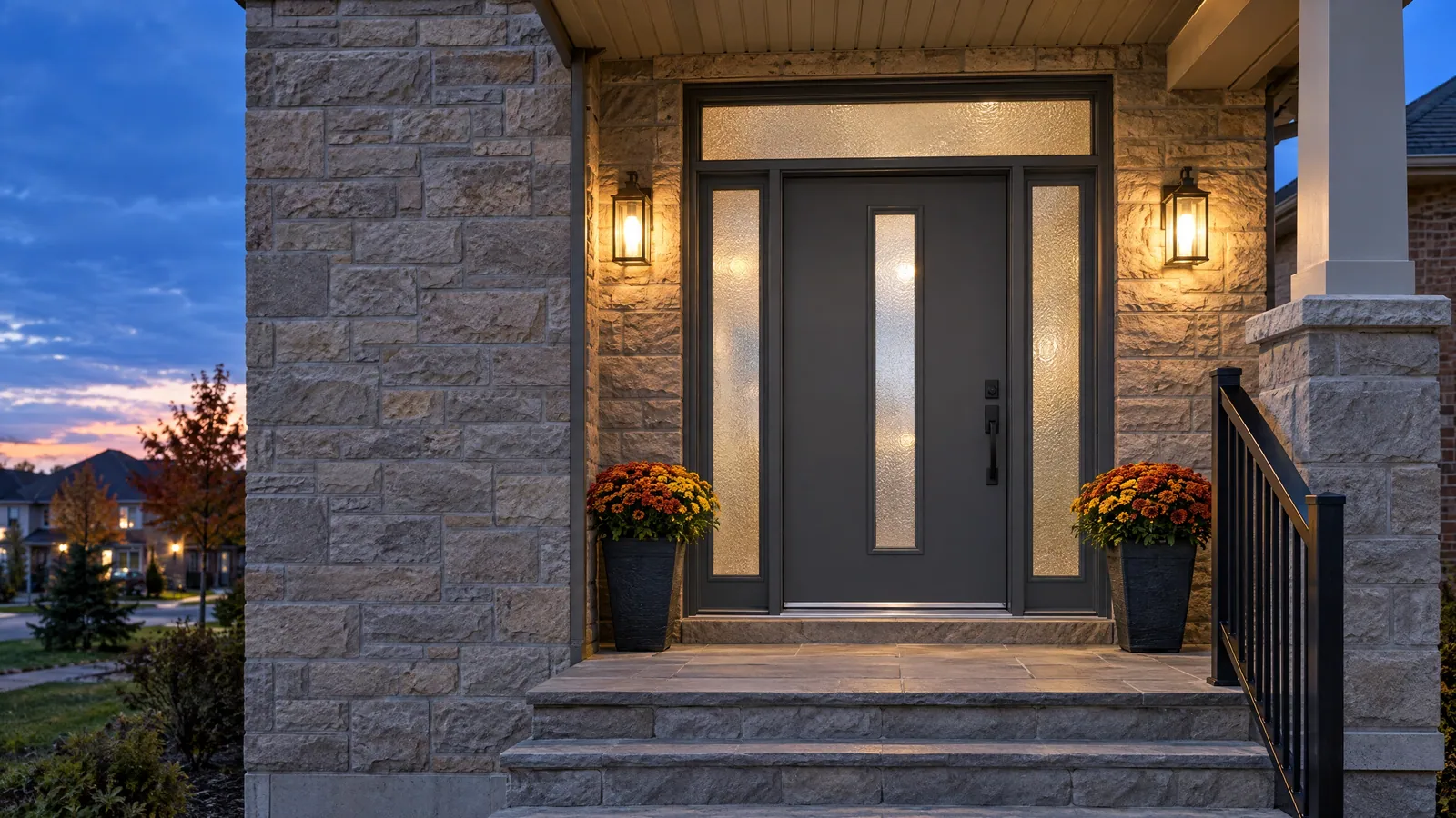 Dark grey front door with a frosted insert, sidelights and transom on a stone porch at dusk