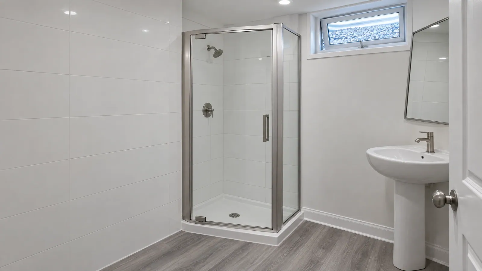 Basement suite bathroom with a framed corner shower and pivot glass door beside a small high window