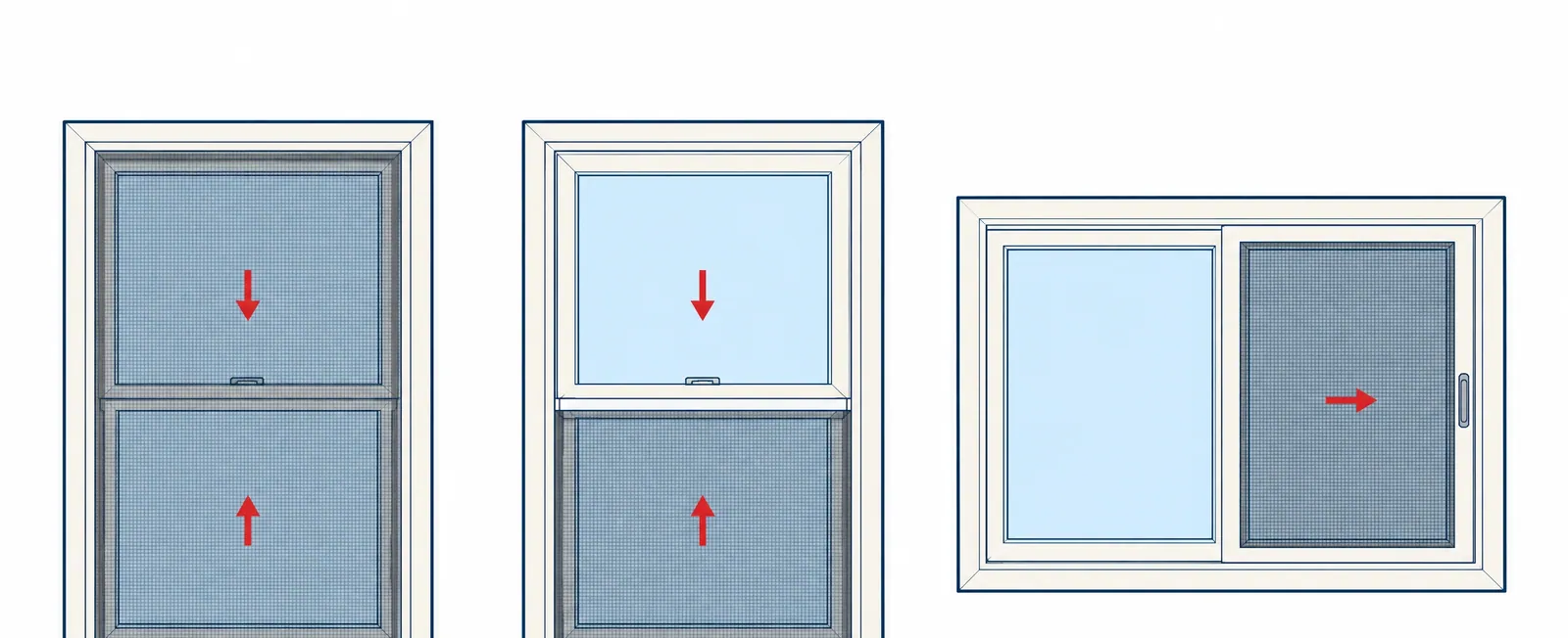 Diagram of a full-height screen on a hung window, a half screen on the lower sash, and a screen on the open side of a slider