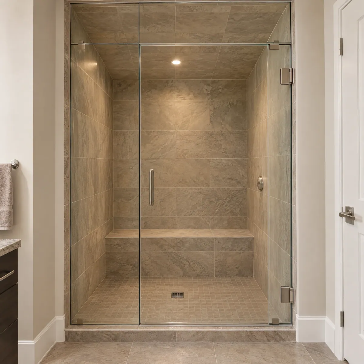 Tiled steam shower with a full-height frameless glass front and door