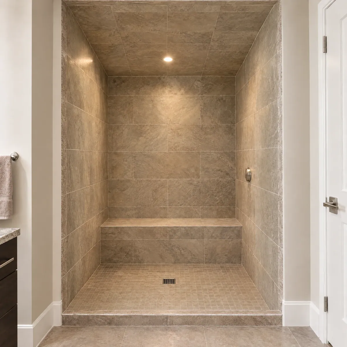 Tiled steam shower room with bench and an open front, no glass