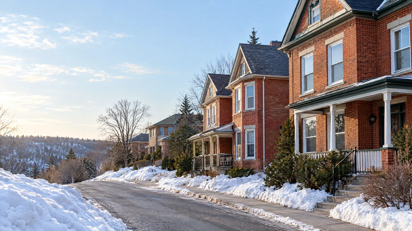 Sloping street of older red brick houses with tall double-hung windows and late-winter snowbanks