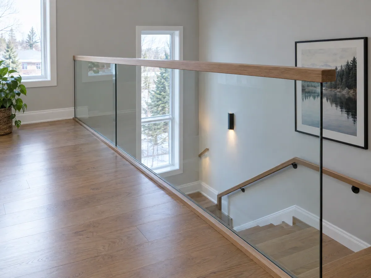 Upstairs landing with a frameless glass guard in a floor channel, a light wood cap rail and the staircase dropping away beside it