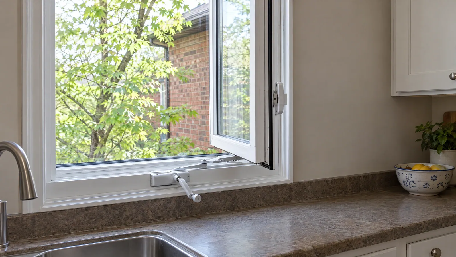 Kitchen casement window swung outward on its crank operator above the sink