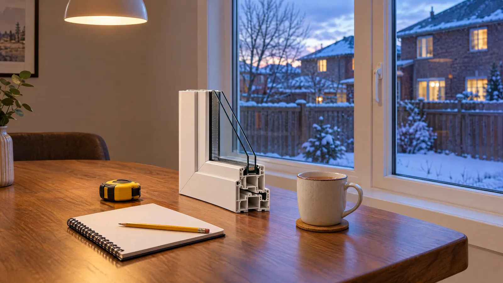 Kitchen table with a window corner sample, a tape measure and a notepad, beside a window looking out on snow at dusk