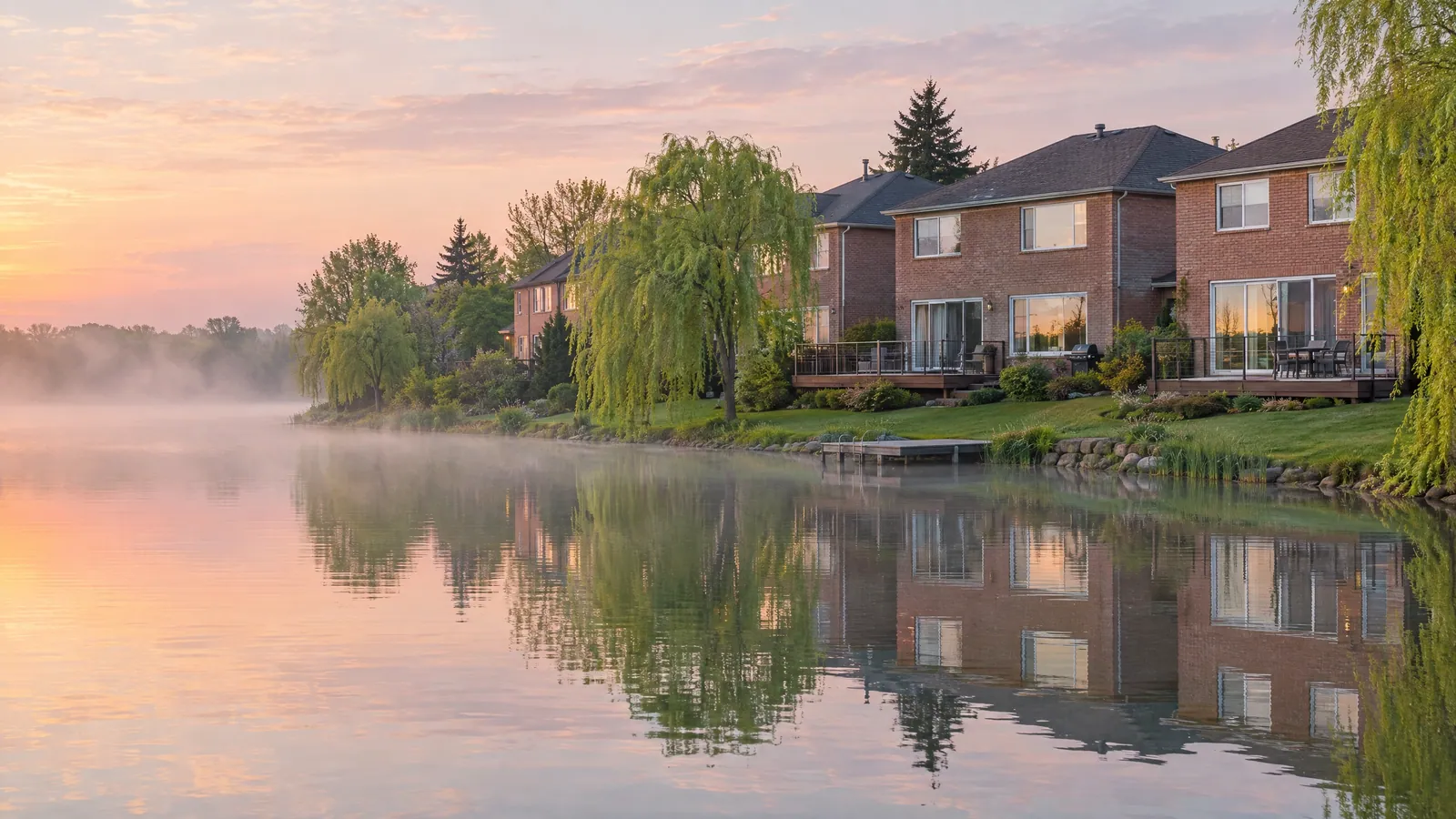 Backs of red-brick two-storey homes with large sliding patio doors, picture windows and decks above a misty lake at dawn