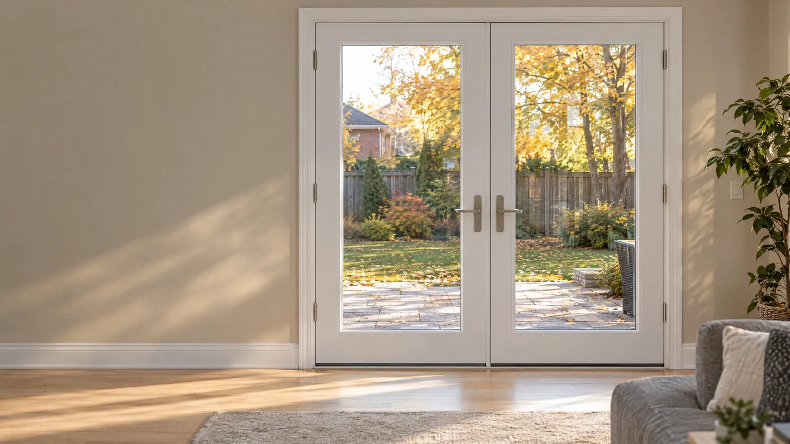 Family room with new white hinged French patio doors open to a stone patio and autumn trees
