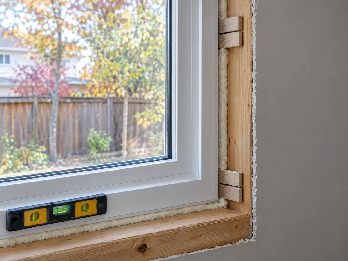 New white window frame in a wood rough opening, with shims at the side, foam around the gap and a small level on the sill