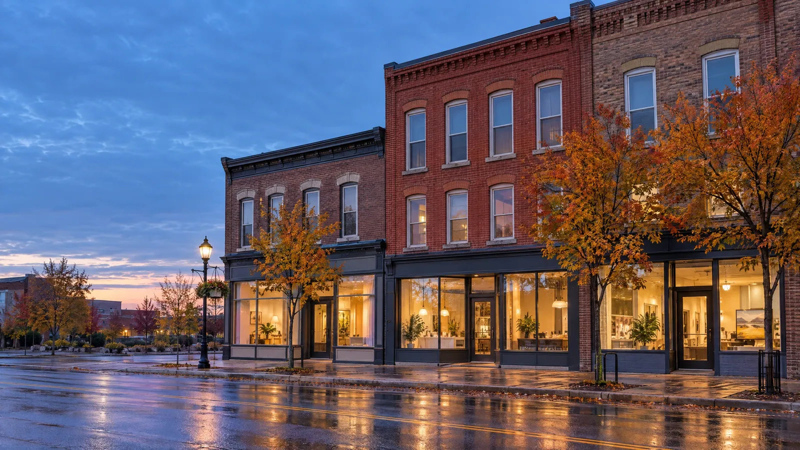 Older two- and three-storey brick buildings with tall arched upper windows and lit ground-floor shop windows along a wet street at dusk, with autumn trees and a lamppost
