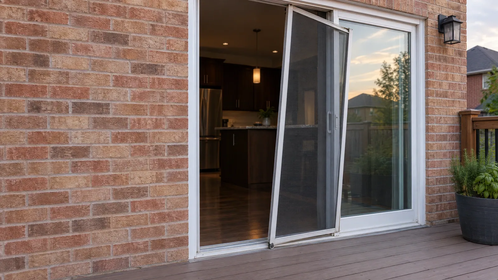 Sliding patio screen door hanging crooked off its track beside an open glass slider on a backyard deck