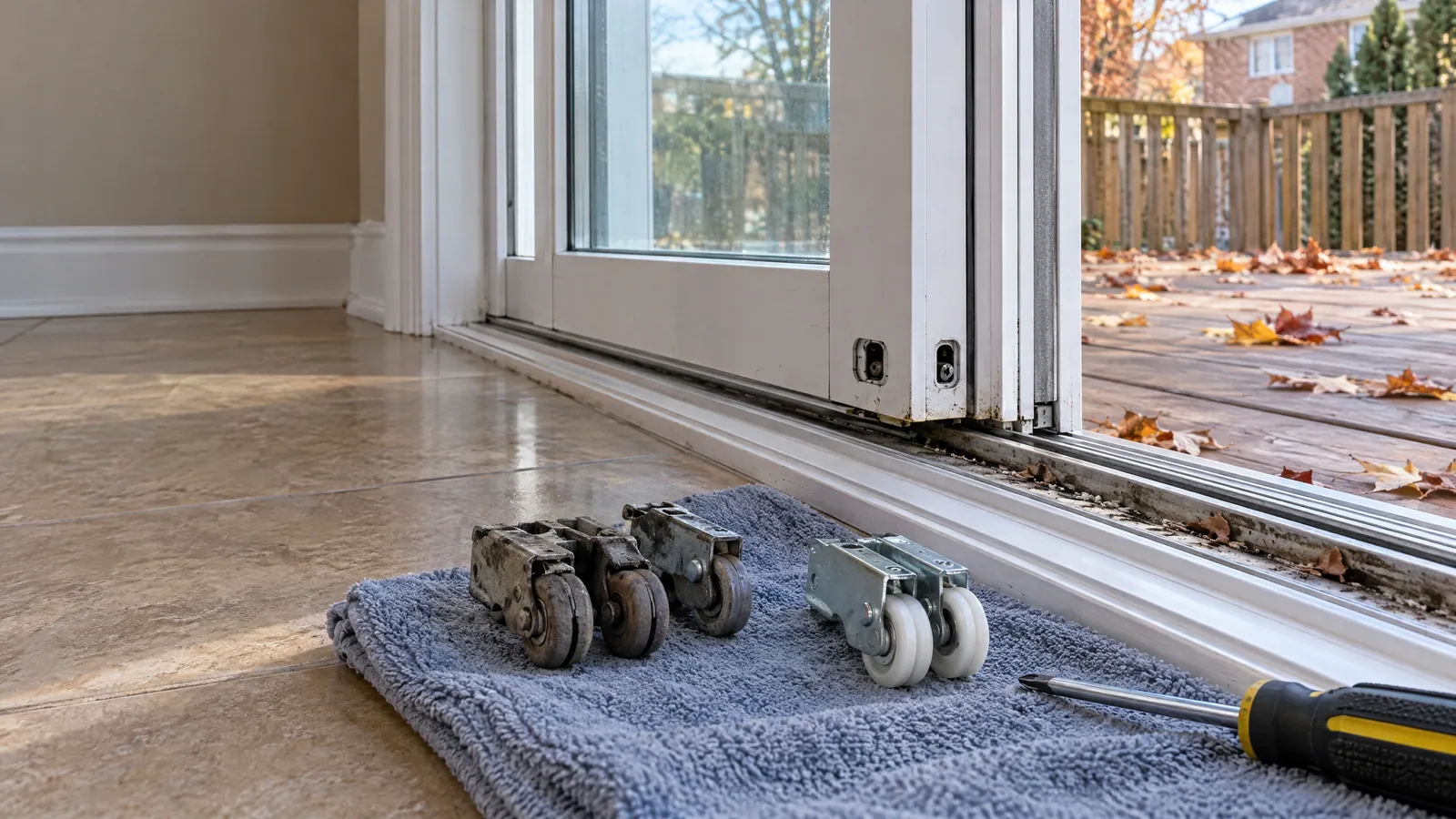 Patio slider partly open over a gritty track, worn metal rollers and a new white-wheeled pair on a towel beside it