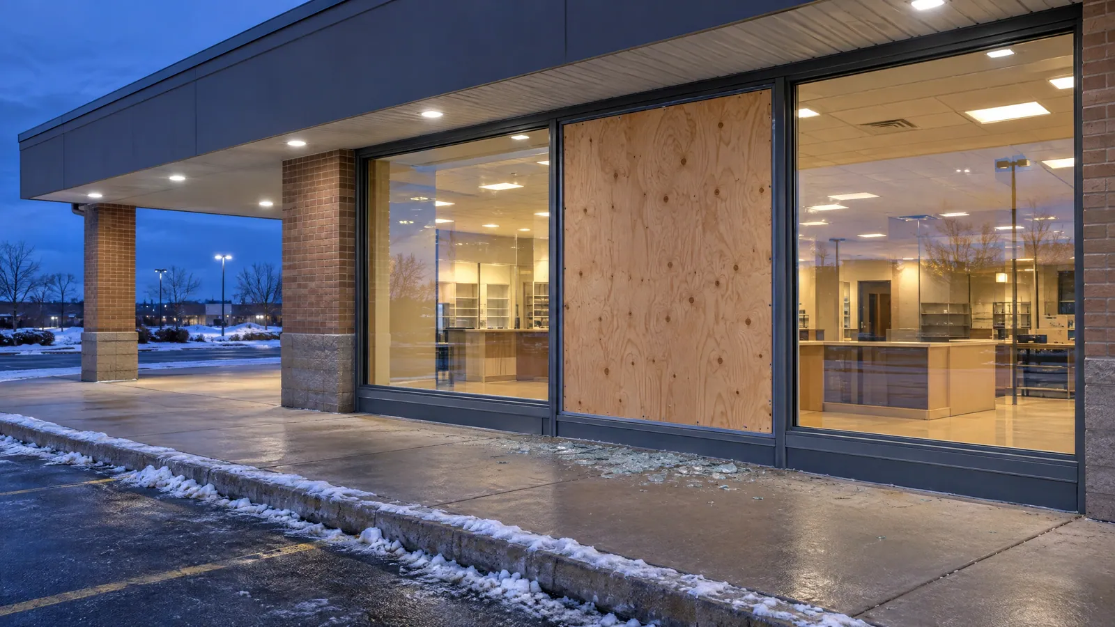Plaza shop front at dusk with one large display pane boarded with plywood between two lit, intact windows