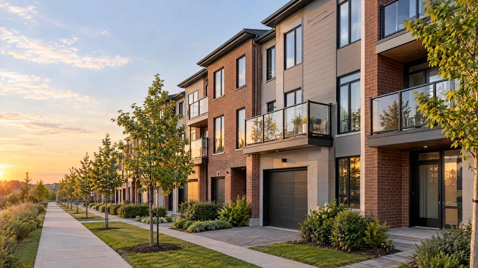 Row of newer three-storey brick and panel townhouses with black-framed windows, glass-railed balconies and single garages along a tree-lined sidewalk at golden hour