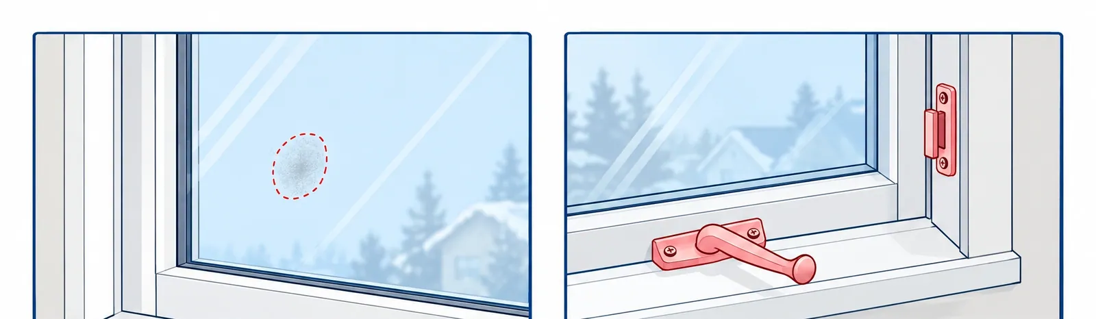 Four window problems side by side: fog between the panes, worn window hardware, a torn screen and a damaged sill corner