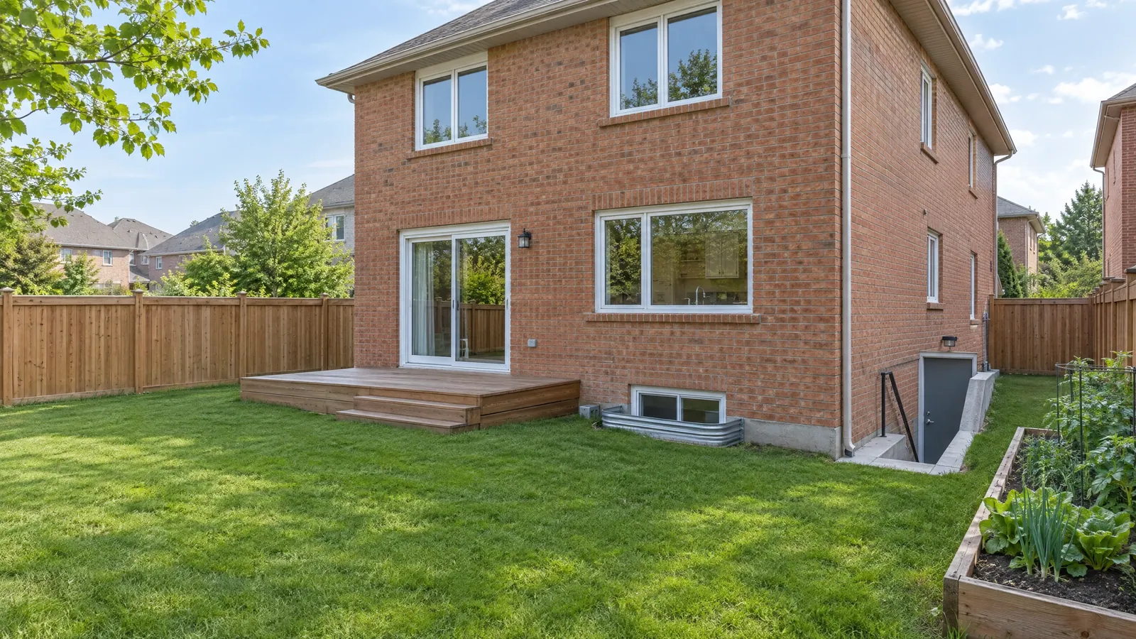 Back of a brick house with a sliding patio door, main-floor windows, a basement window well and a side entrance