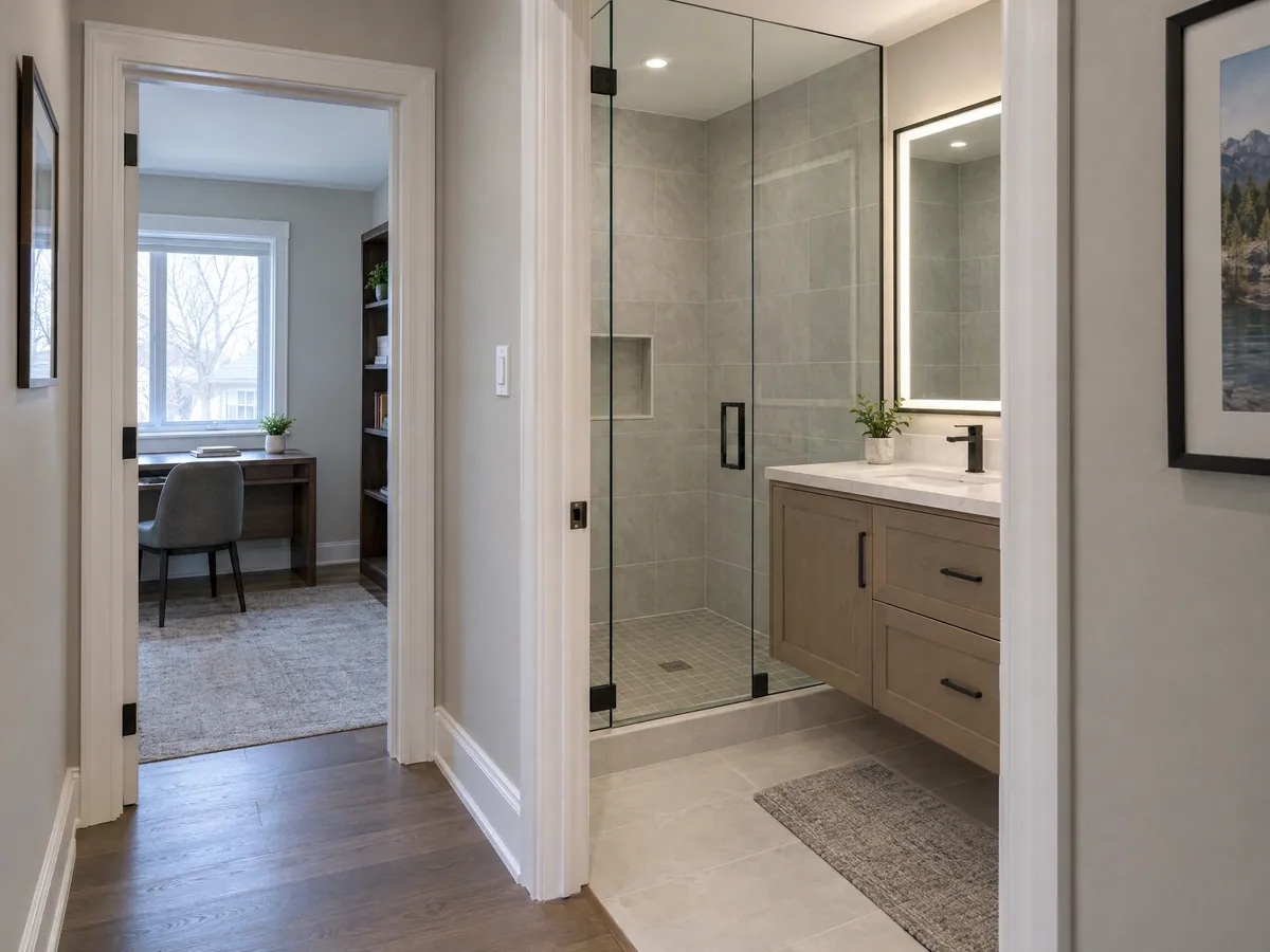 Renovated bathroom seen from the hallway, with a frameless glass shower and matte black fixtures