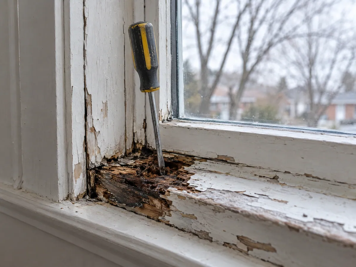 Close-up of a rotted corner of a wood window sill with peeling paint, a screwdriver pushed deep into the soft wood