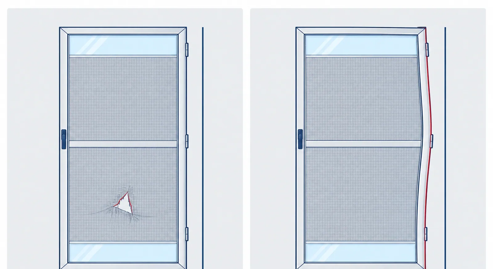 Two screen doors: one with a triangular tear in the mesh on a straight frame, one with its frame bowed along the hinge side