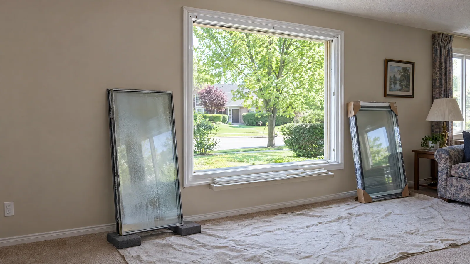 Empty window frame with its glazing stops removed, the old fogged glass unit leaning against the wall beside a clear new one