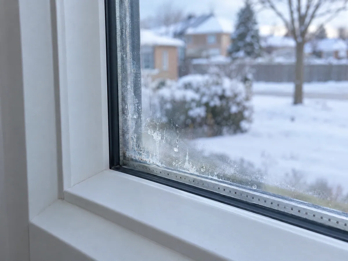 Corner of a white vinyl window with haze, droplets and white mineral streaks trapped between the panes above the metal spacer, a snowy yard outside