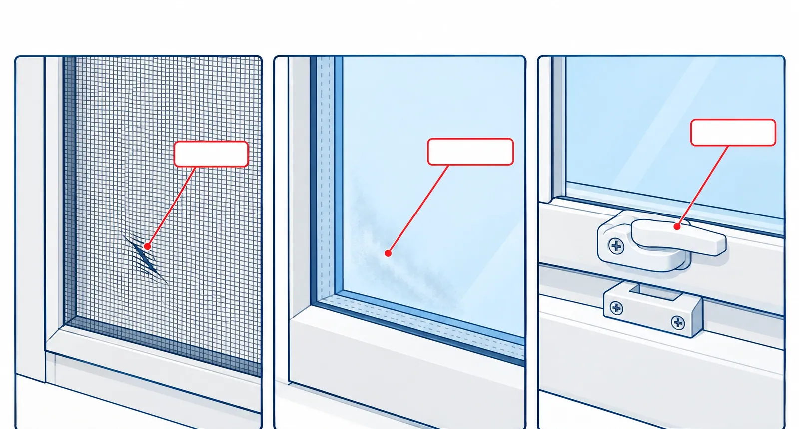 Three close-ups from a window check: a torn corner of a window screen, fog trapped inside a sealed glass unit, and a sash lock on a window frame