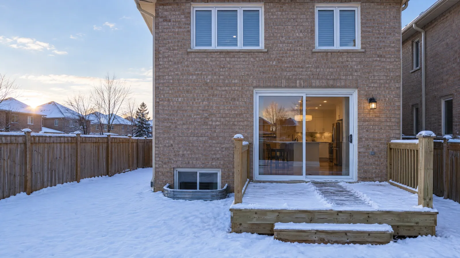 Back of a brick house in winter, a white sliding patio door opening onto a snowy deck beside a basement window well