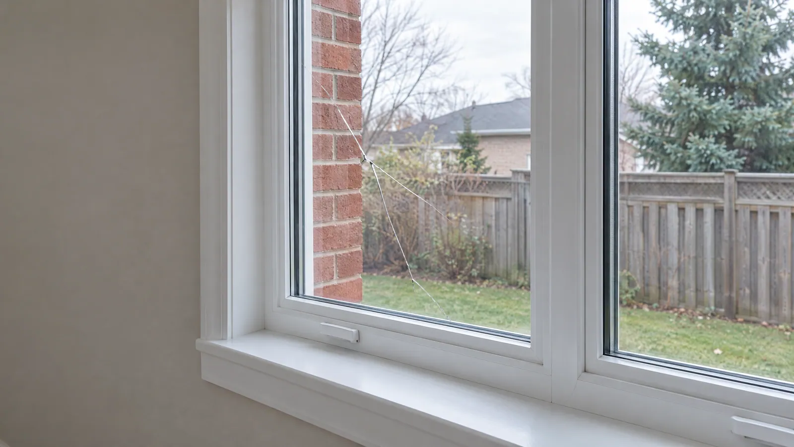 White casement window seen from inside, one thin crack running diagonally from the top corner, a brick wall and backyard fence beyond