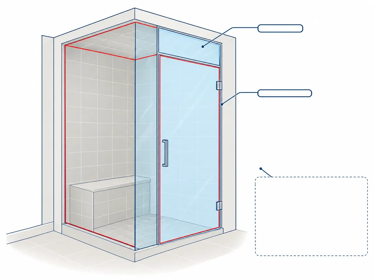 Drawing of a steam shower with glass front, door and transom, red lines tracing every sealed edge