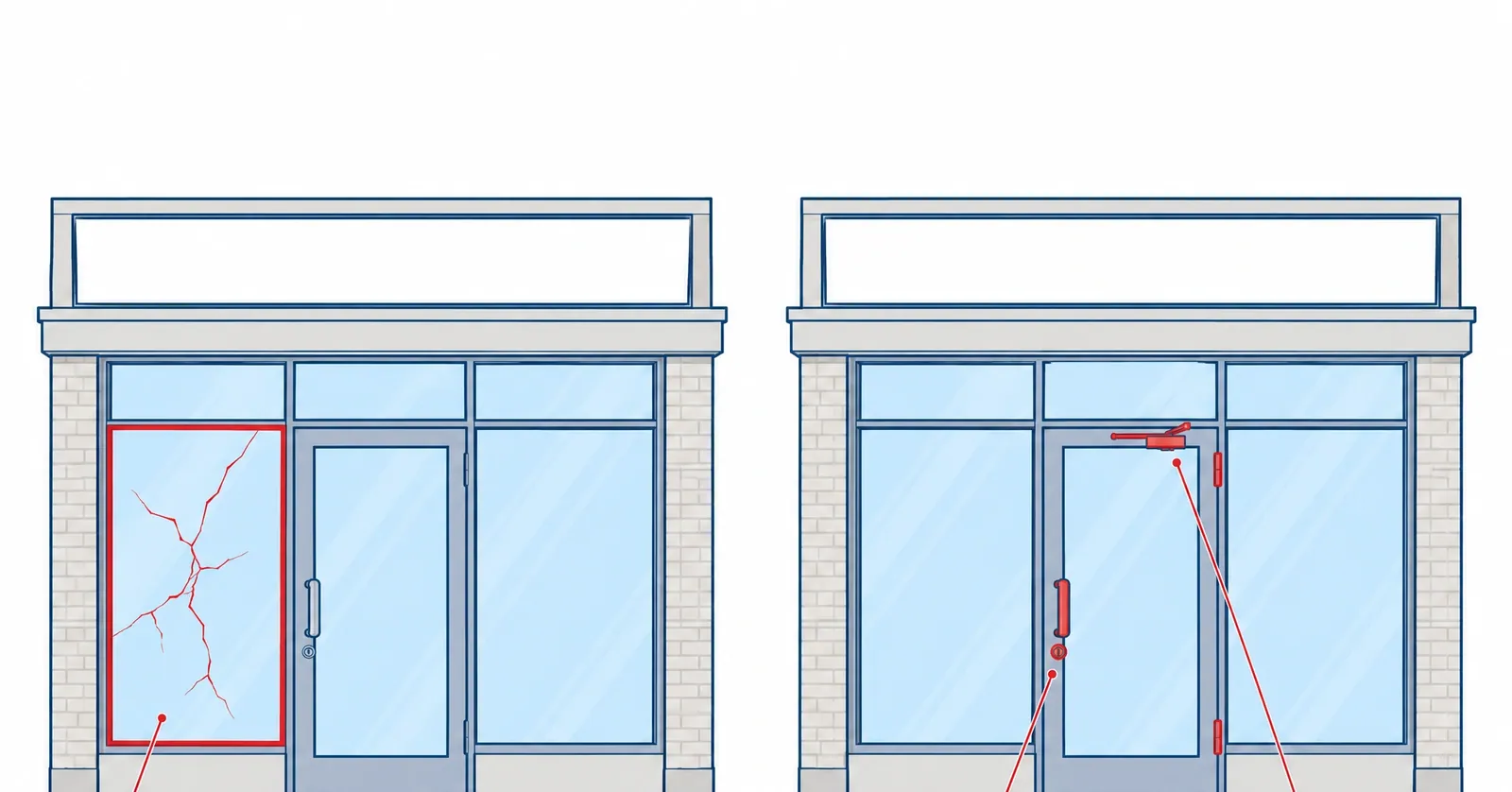 Two storefronts compared: a cracked glass panel beside worn entrance door hardware